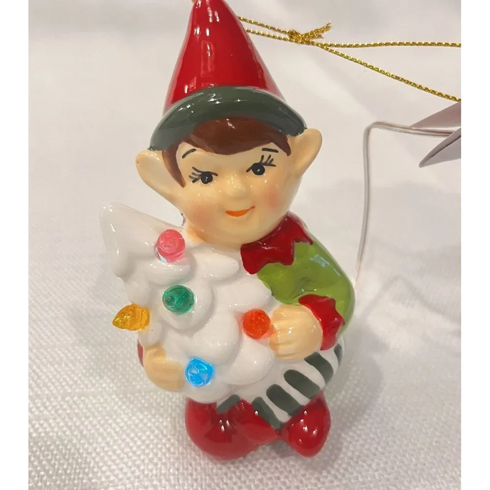 Hand-Painted Ceramic Elf w/ Christmas Tree Light-Up‎ Ornament by Merry Moments